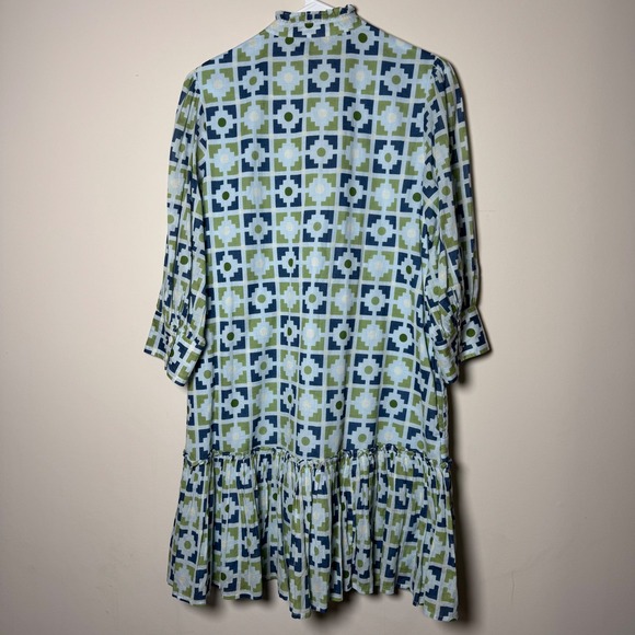 Olivia James The Label Cotton Geometric Print Ruffle Hem Shift Dress BlueGreen S - Picture 3 of 9